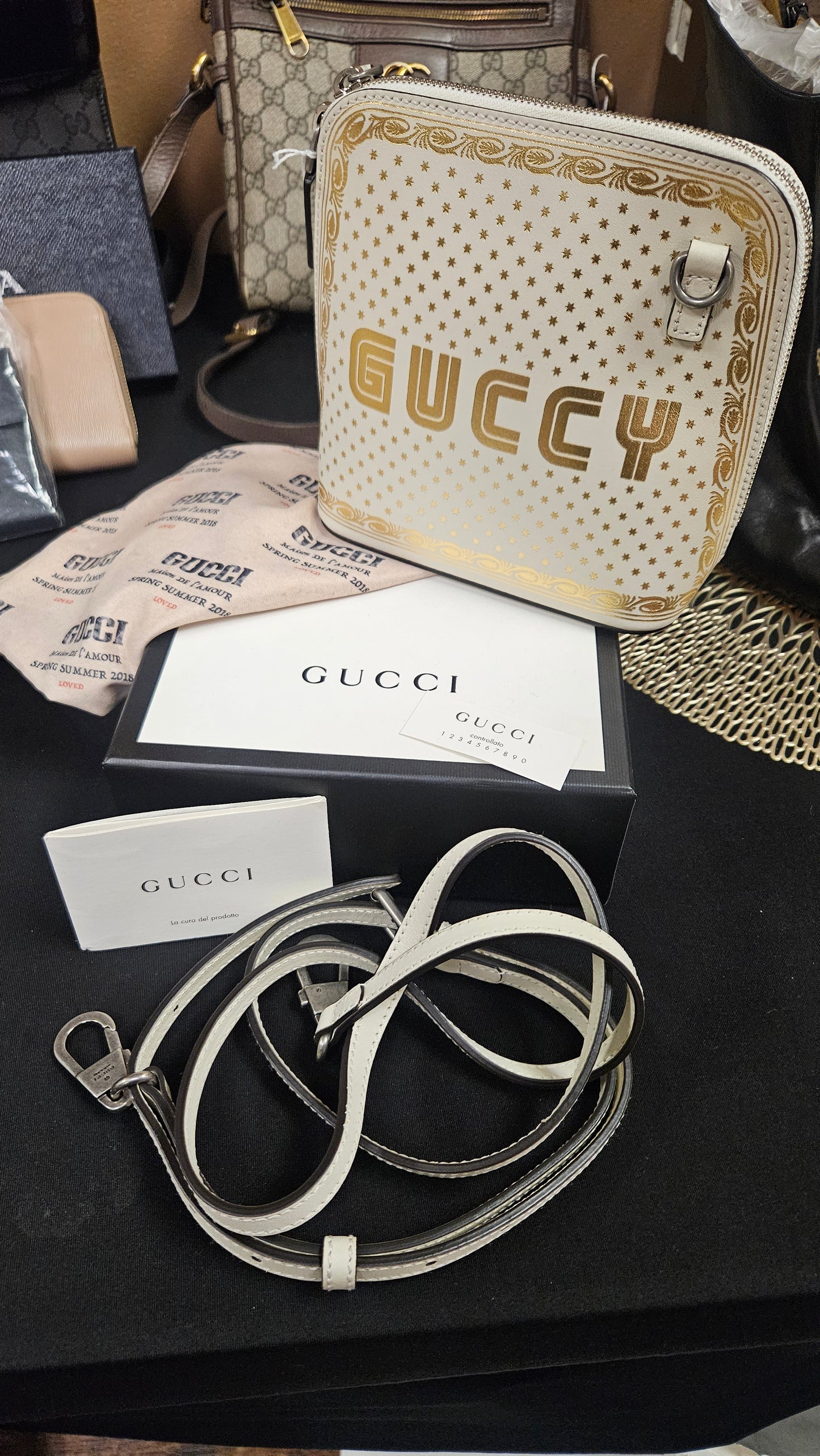 GUCCI X SEGA Calfskin GUCCY Stars Mini Dome Shoulder Bag in Mystic White and Gold