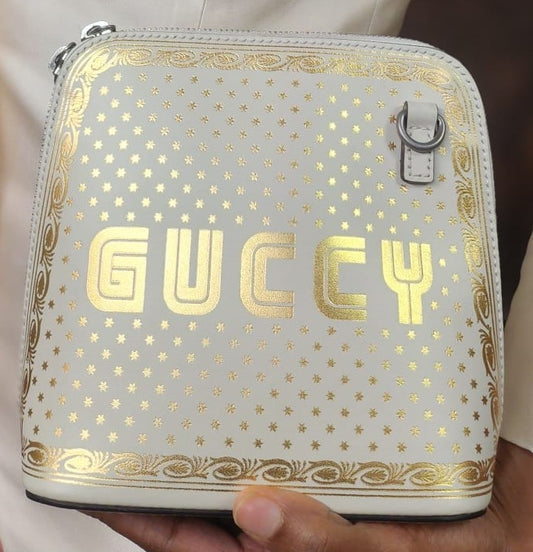 GUCCI X SEGA Calfskin GUCCY Stars Mini Dome Shoulder Bag in Mystic White and Gold